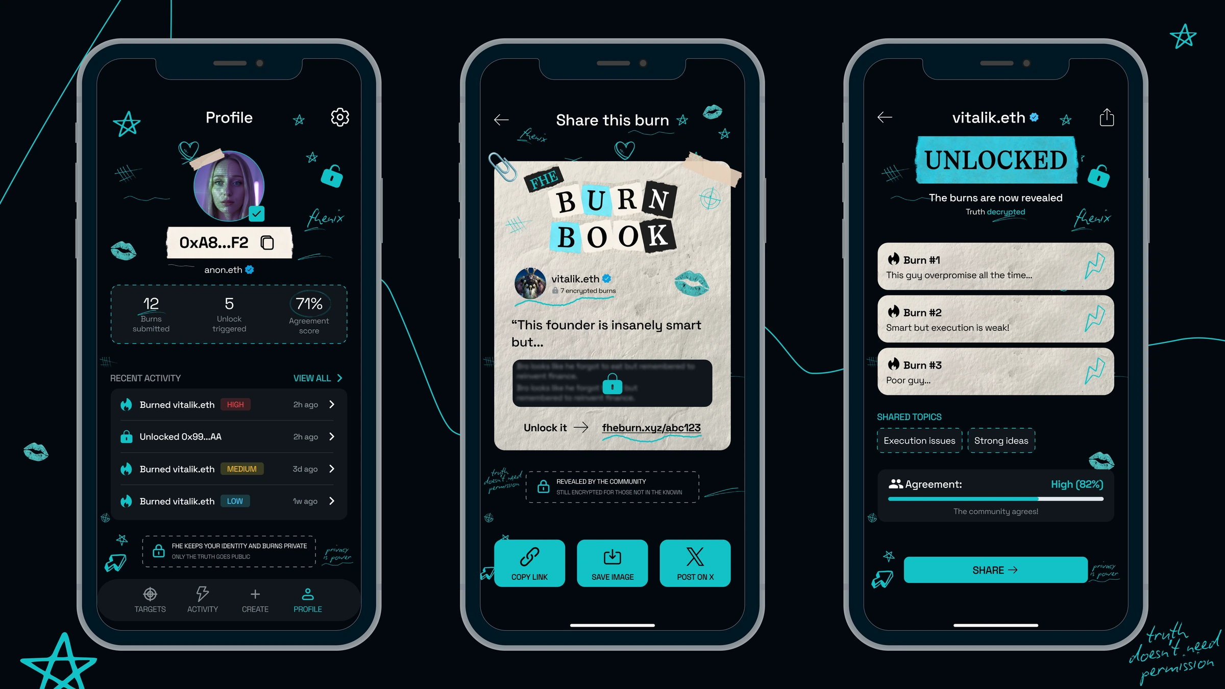 BurnBook — Profile, sharing, and unlocked content screens.