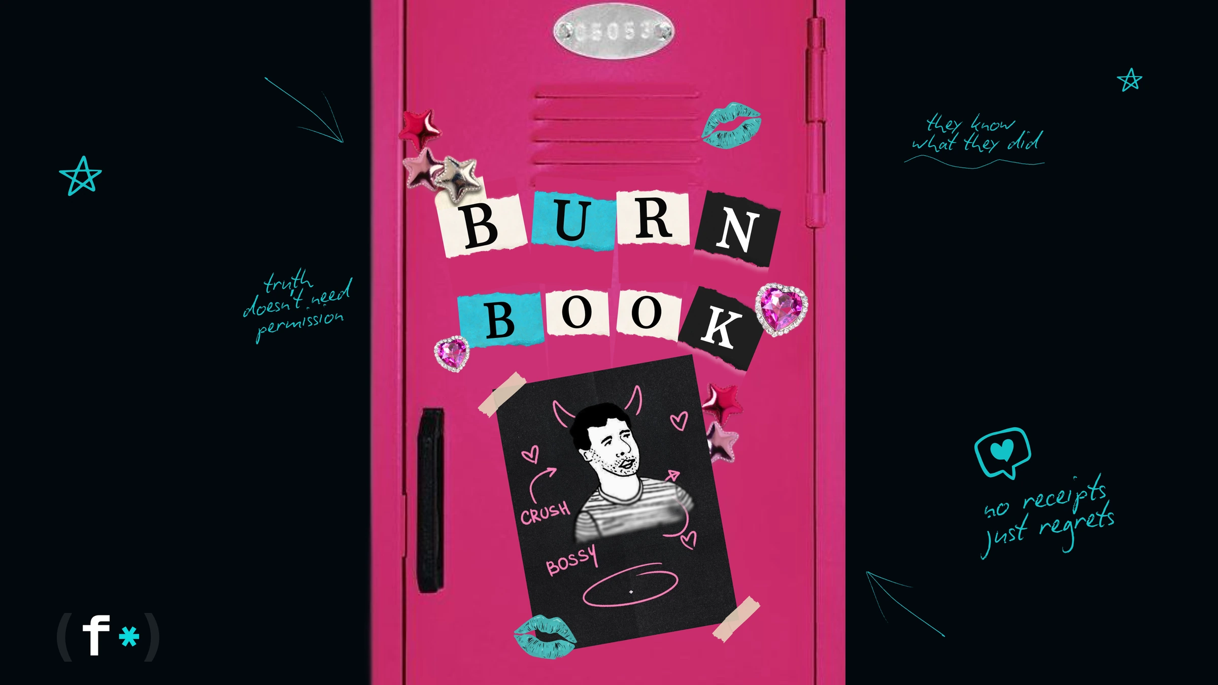BurnBook — Brand artwork combining cutout typography, stickers, and handwritten details.