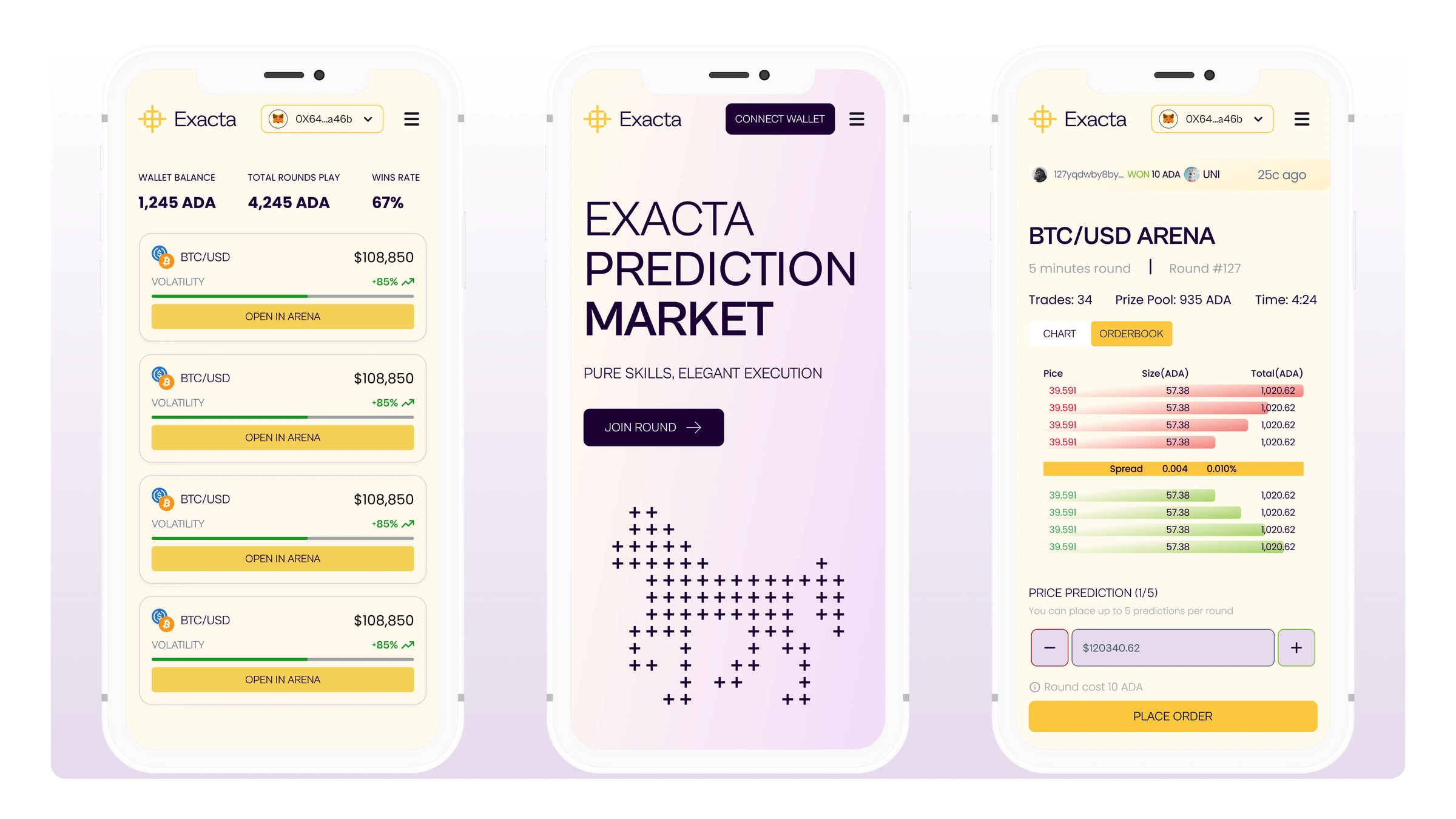 Exacta — The mobile experience, from welcome screen to market participation.