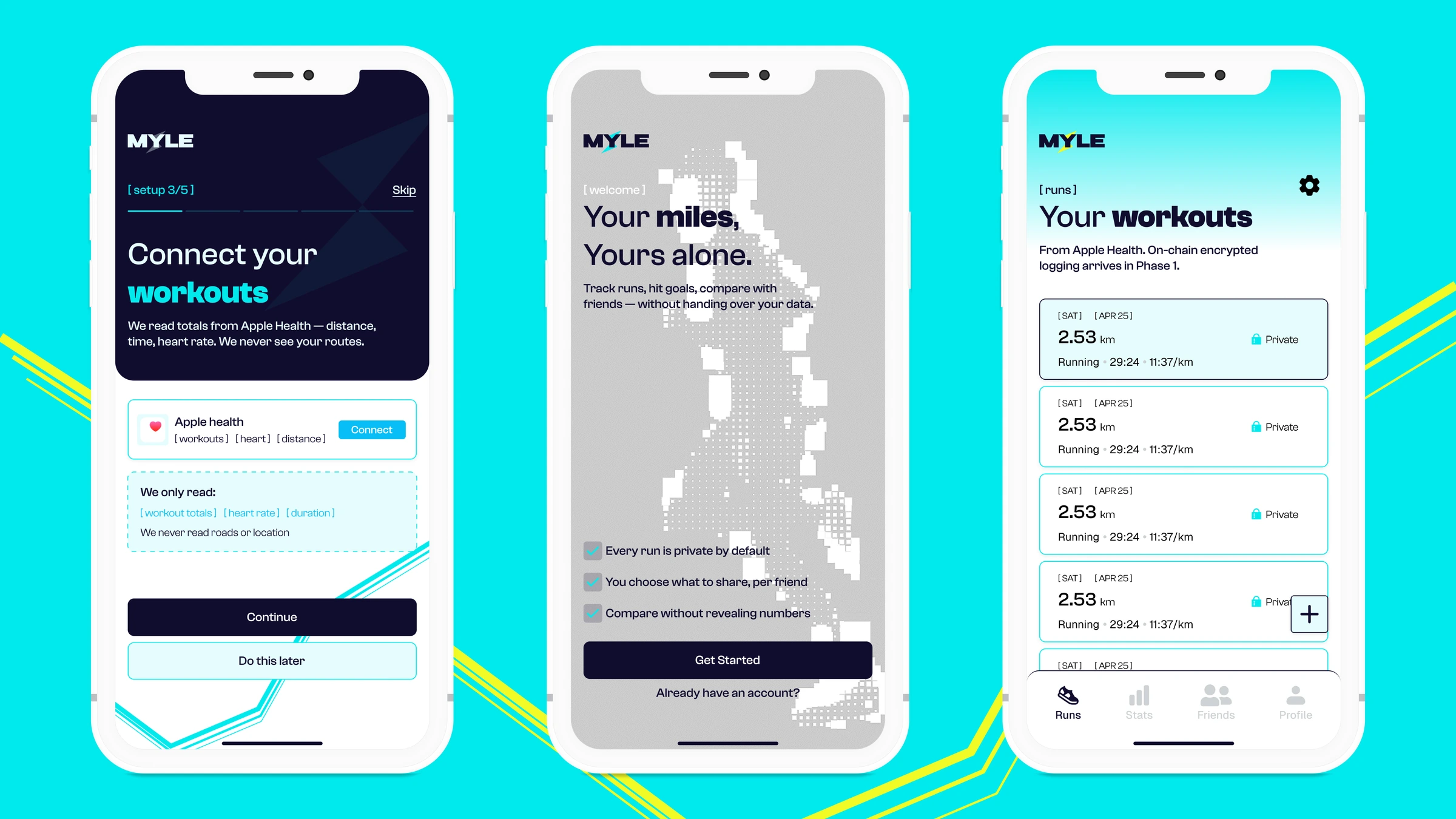 MYLE — Connecting workouts, getting started, and viewing runs.