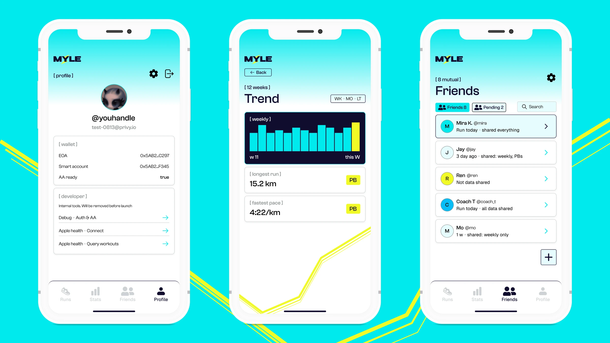 MYLE — Profile, progress trends, and friends.