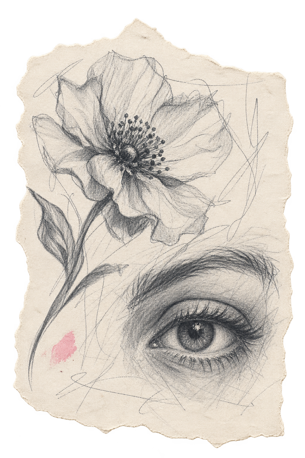 Decorative graphite flower and eye study on torn paper