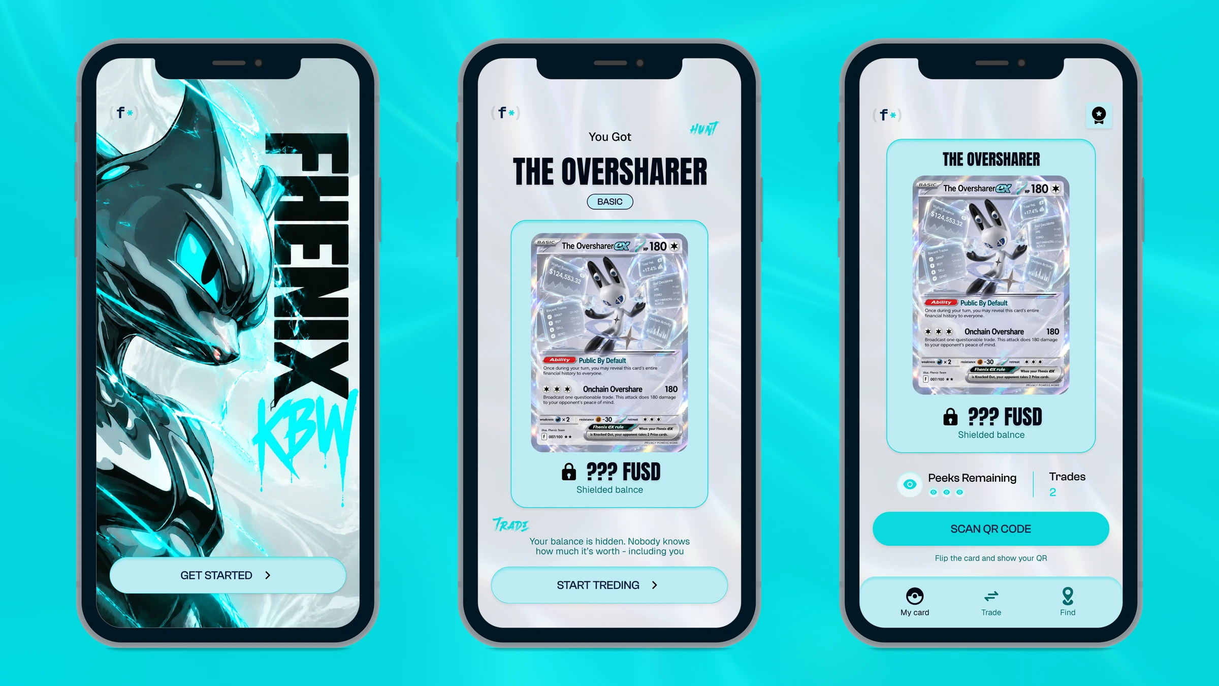 Pokémon App — Getting started, receiving a character card, and viewing a shielded balance.
